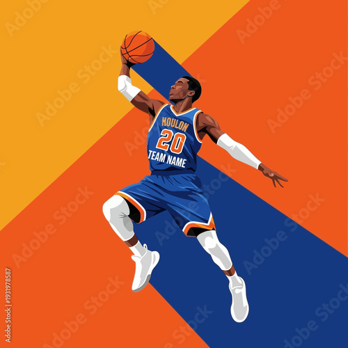 Dynamic Basketball Player Executing Slam Dunk Against Vivid Geometric Background, Artistic Style