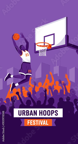 Dynamic Basketball Player Soaring Towards the Hoop Amidst an Energetic Crowd