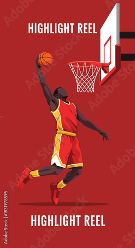Dynamic Basketball Player Executing Slam Dunk With Artistic Flair Against a Crimson Background