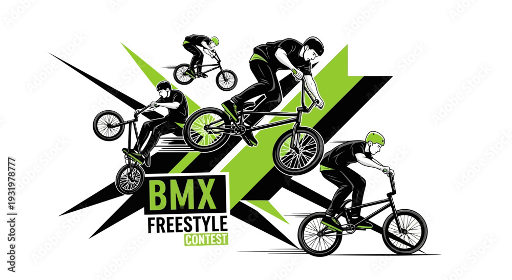 Naklejka premium Dynamic BMX Freestyle Contest Illustration Featuring Cyclists in Action and Bold Graphic Design