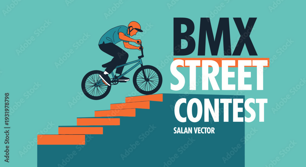 Naklejka premium Dynamic BMX Rider Performing Stunt During Street Contest On Colorful Background