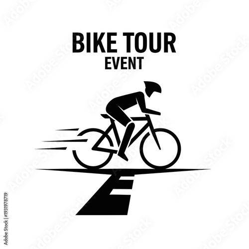 Dynamic Black and White Bicycle Tour Emblem Depicting Activity and Movement for Promotion