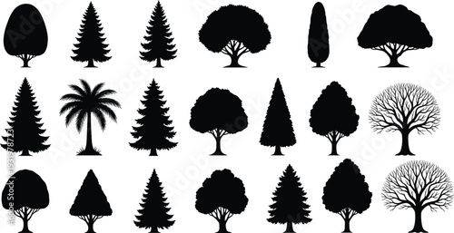 Tree silhouette vector illustration, diverse species icons, conifer deciduous palm leafless artwork, forest nature design, landscape botanical scene - flat vector illustration