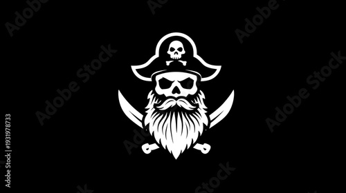 A white pirate skull icon, wearing hat with a skull, crossed swords and a large white beard on a black background