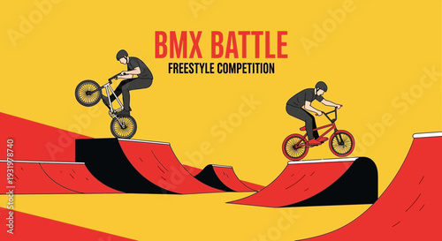 Dynamic BMX Battle Competition Depicts Freestyle Stunts with Vibrant Colors on a Yellow Backdrop