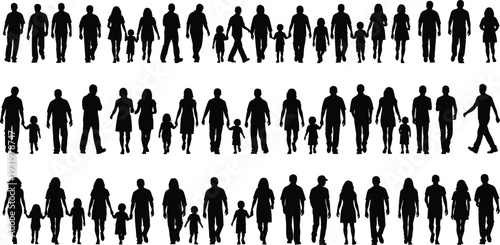 Walking people silhouette vector illustration, family group icons, adults children holding hands, pedestrian movement artwork, social interaction design - flat vector illustration
