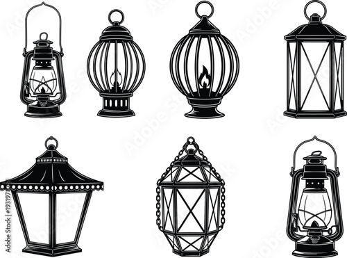Vintage lantern silhouette collection with ornate designs, historical lighting illustration, antique lamp concept, decorative element, flat vector graphic design
