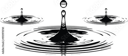 Water droplet splash vector illustration, ripple surface icons, fluid dynamics artwork, concentric wave design, liquid motion scene - flat vector illustration
