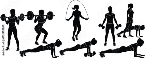 Woman fitness exercise silhouette illustration with strength training and cardio movements, barbell, dumbbell, push‑up, plank concept, flat vector design