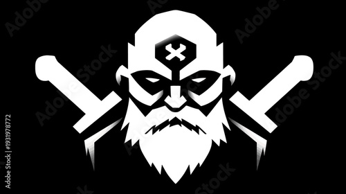 A stylized warrior face with a white beard, crossed swords, and emblem on a black background