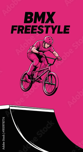 Dynamic BMX Freestyle Action Depicted In Vibrant Illustration On Pink Backdrop