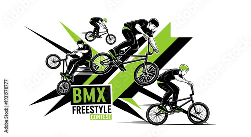 Dynamic BMX Freestyle Contest Illustration Featuring Cyclists in Action and Bold Graphic Design