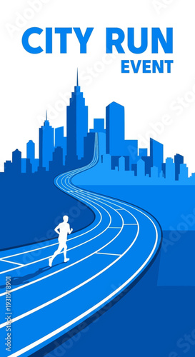 Dynamic City Run Event Poster Depicting Marathon Route Amidst Modern Urban Skyline Scene