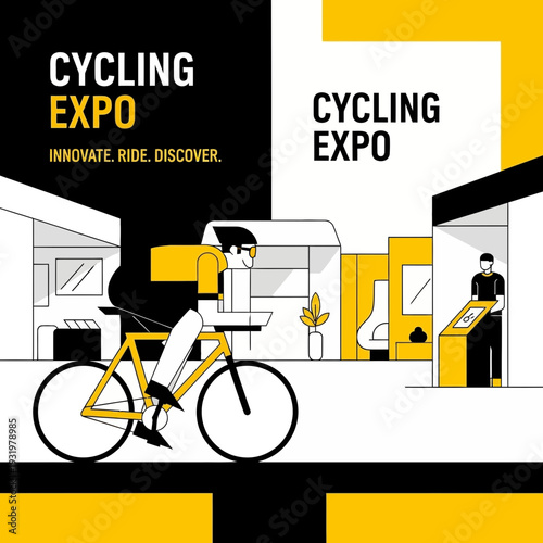 Dynamic Cycling Expo Illustration Showcasing Modern Bikes and Event Attendees in a Vibrant Setting