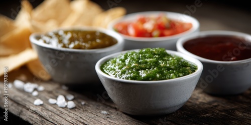 mexican food photography, four bowls filled with mexican salsas verde, roja, pico de gallo, and chipotle are arranged on a table with scattered tortilla chips the scene is captured with deep