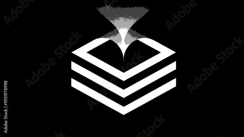 Black and white abstract geometric design with stacked chevrons and an inverted funnel shape