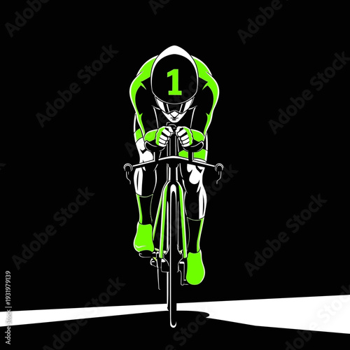 Dynamic Cyclist Silhouette Racing Forward with Energy and Determination in Bold Green on Black
