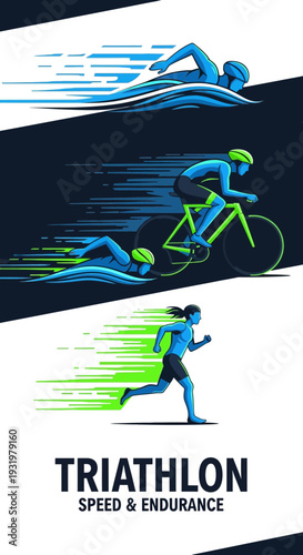 Dynamic Depiction Of Triathlon Athletes in Motion Showcasing Speed and Endurance Performance