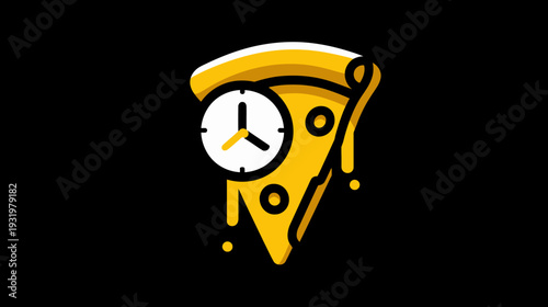 A stylized slice of food with a clock graphic overlaid, representing time related to eating