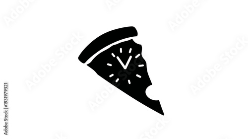 A black and white illustration of a pizza slice with a clock face incorporated