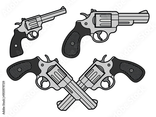 Set of Black Pistol Tattoo Style Vector Objects Featuring Detailed Old School Design for Vintage Emblems Apparel Prints and Retro Sticker Graphic Illustration Projects