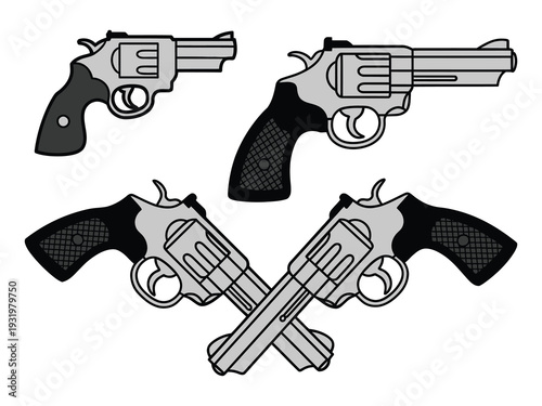 Set of Black Pistol Tattoo Style Vector Objects Featuring Detailed Old School Design for Vintage Emblems Apparel Prints and Retro Sticker Graphic Illustration Projects