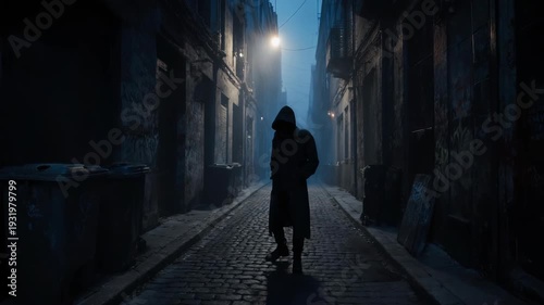 Mysterious Person Walking Down Dark Alleyway at Night.