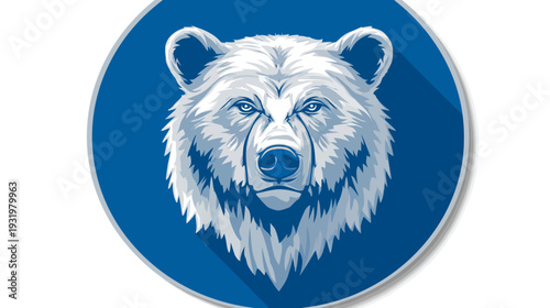 A frontal illustration of a bear head, rendered in shades of white and gray, on a blue circle