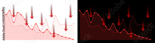 PNG image of A vibrant red line graph with prominent data, illustrating a consistent downward trend, emphasized by multiple red arrows signifying sequential drops on transparent background.