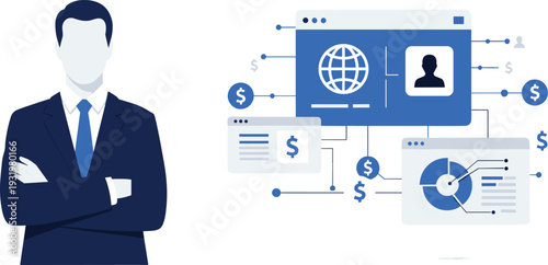 Business Executive Character with Financial Data Dashboard, Professional Businessman and Global Infographic Interface Illustration.
