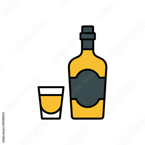 A bottle of whiskey and a shot glass on a plain white background