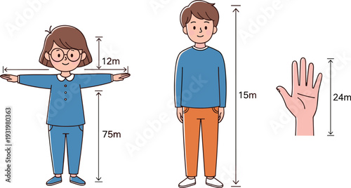 Cute Boy and Girl with Measuring Height and Hand Length Illustration, Educational Math Concept for Kids Vector Design