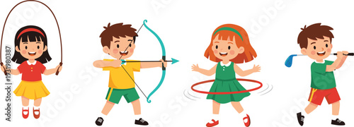 Cute Children Enjoying Various Sports and Activities, Little Kids Jumping Rope, Archery, Hula Hoop and Golf Flat Vector Illustration.