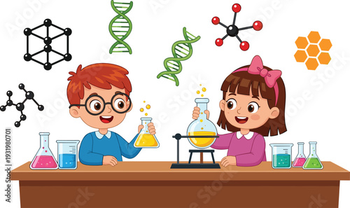 Cute Little Children Doing Science Experiments in Laboratory, Kids Learning Chemistry with Beakers and DNA Models Flat Vector Illustration.