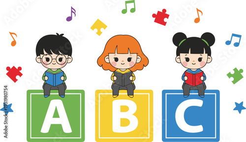 Cute Little Children Sitting on ABC Alphabet Blocks Reading Books, Early Childhood Education and Literacy Concept Vector Illustration