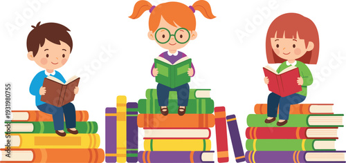 Cute Little Children Sitting and Reading on Stacks of Colorful Books, Early Childhood Education and Literacy Concept Vector Design