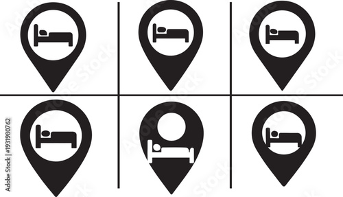 Bed and hotel location vector icon set for lodging, map pin symbols, editable stroke line pack .