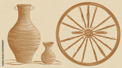 A vintage illustration showing ancient wheel with pottery. Brown tones on a tan background