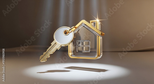 Elegant gold key and house keychain on a reflective surface
