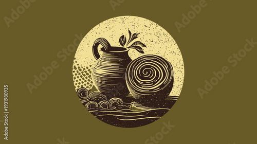 Illustration of a still life inside a circle, featuring a pot, a spiraled object, and leaves