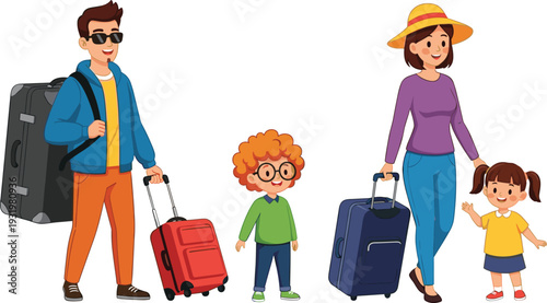 Flat Vector Illustration of a Happy Family Traveling with Suitcases, Parents and Children with Luggage Going on Vacation.