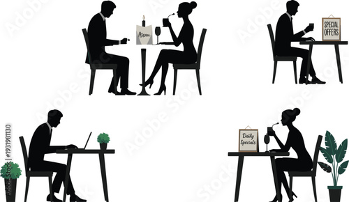 Black Silhouette Set Featuring Couples Dining and Individuals Working in Cafes With Special Offers and Daily Specials Menu Signage