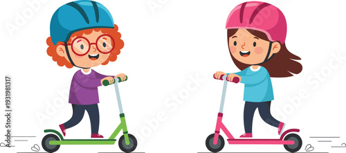 Flat Vector Illustration of Little Girl and Boy Riding Kick Scooters, Happy Children Wearing Safety Helmets Isolated on White Background.