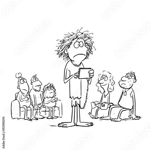 Stressed caveman holding phone receives bad news while family looks on with concern in prehistoric setting