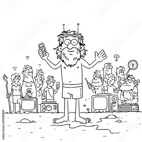 Jesus christ with smartphone surrounded by confused people with old technology in cartoon black and white illustration
