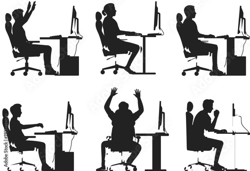 Black Silhouette Set of Gamers and Office Workers Sitting at Desks With Computers Showing Various Emotional Reactions and Poses