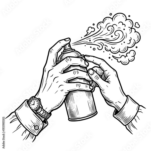 Hands Spraying Aerosol Can Vintage Woodcut Illustration