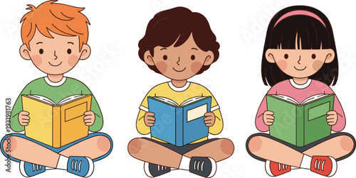 Group of Multiethnic Children Sitting Cross Legged and Reading Books, Early Childhood Education and Literacy Concept Vector Design