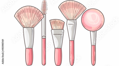 A set of five cosmetic brushes with various shapes, featuring pink and white color scheme