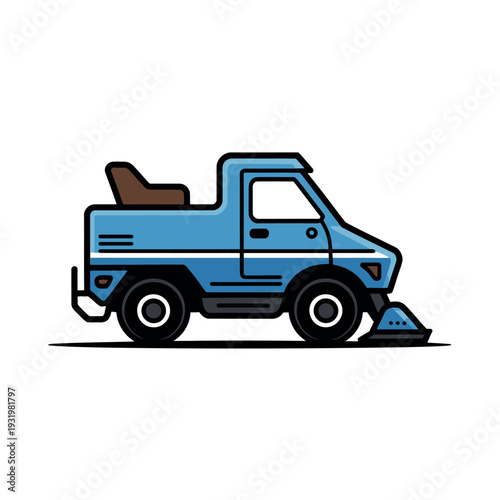 A cartoon illustration of a blue snowplow truck on a white background